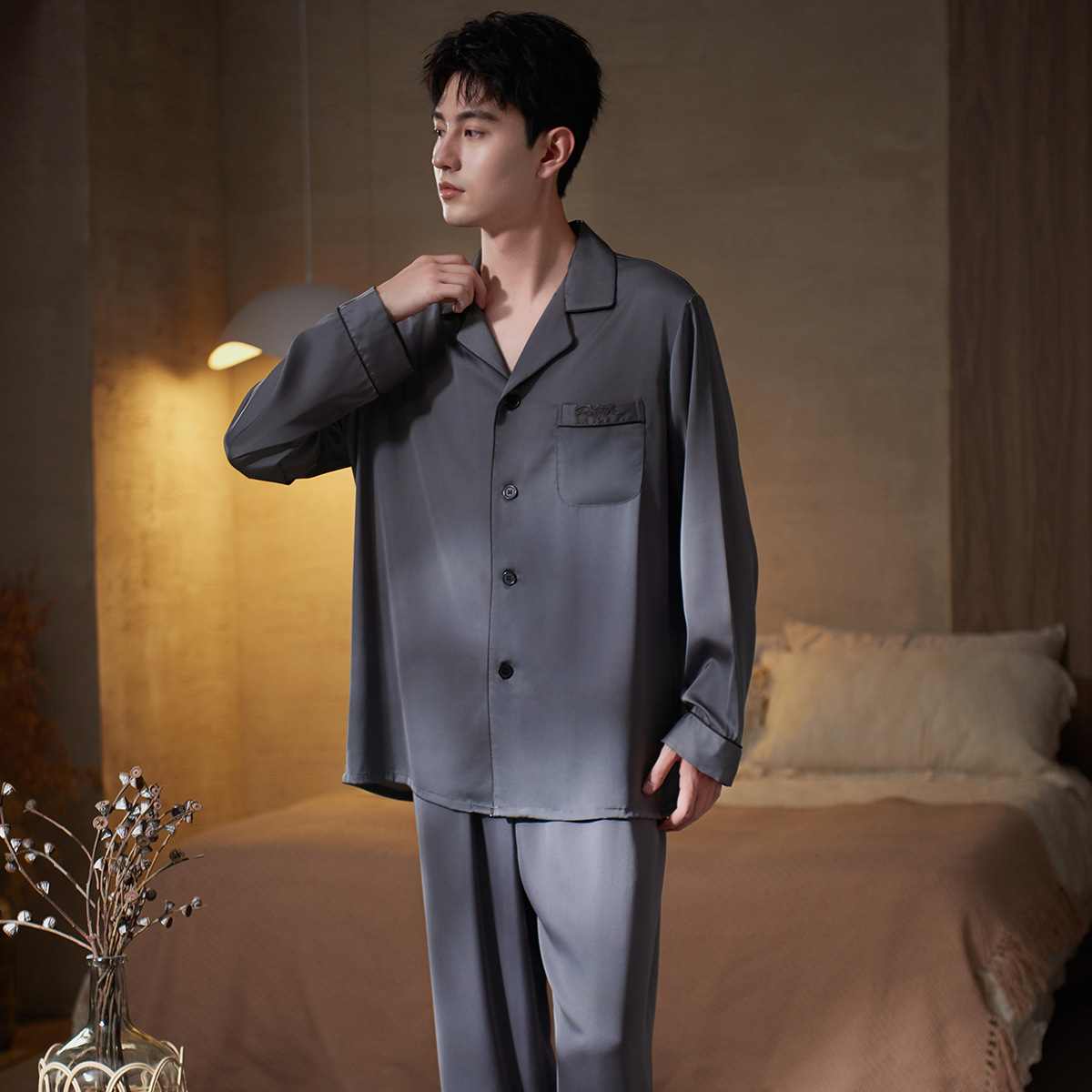 Smart Home Simulation - 남성용 봄가을 아이스 실크 긴팔 얇은